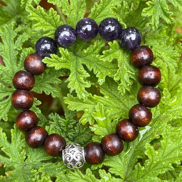 Natural Raw Amethyst Gemstone and Wood Bead Bracelet - Picture 1 of 2